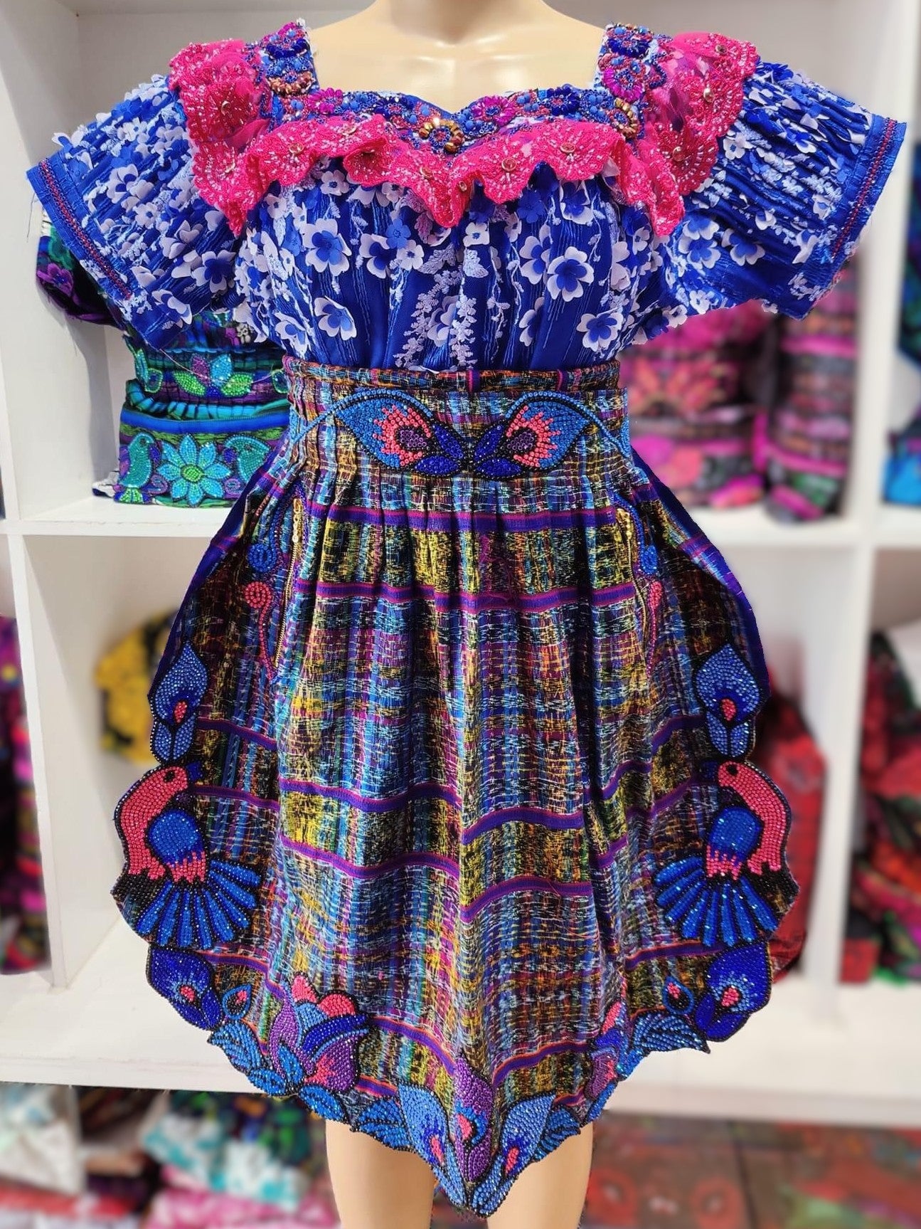 Sky Bloom Huipil Dress with Bird Embroidery
